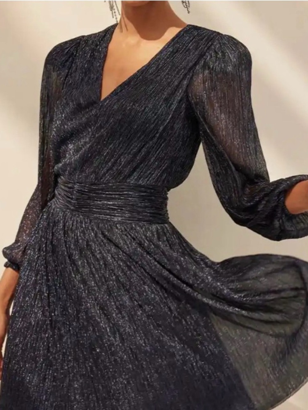 White House Black Market Navy Sheer Long-Sleeve Sparkle Midi Dress M Whimsigoth